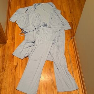 Ekouaer Women Large L Ribbed Knit Side Tie Light Blue 3 Piece Lounge Set NWT